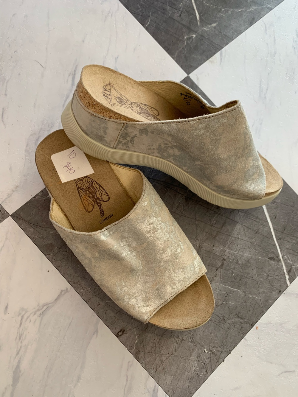 Fly London Metallic Ivory Slide Mules